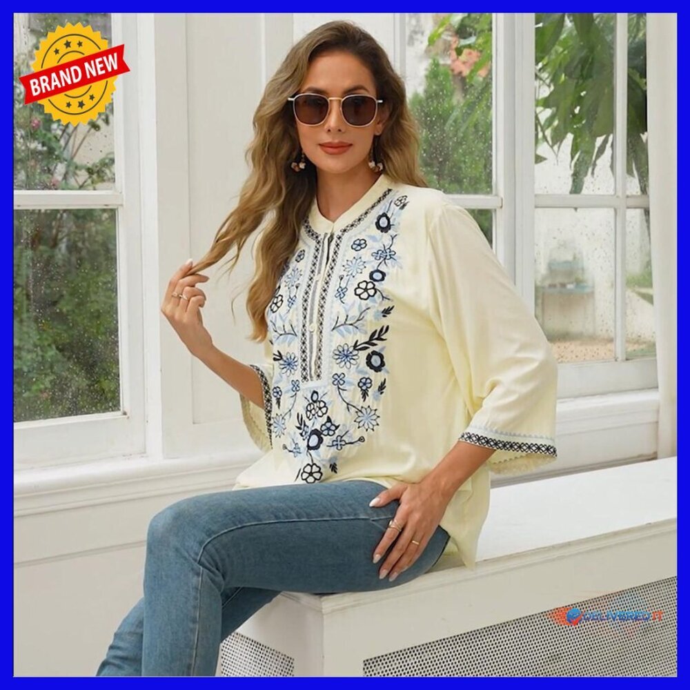 Loose Fit Embroidered Tunic Blouse 3/4 Sleeve V-Neck Bohemian Top - Picture 6 of 6